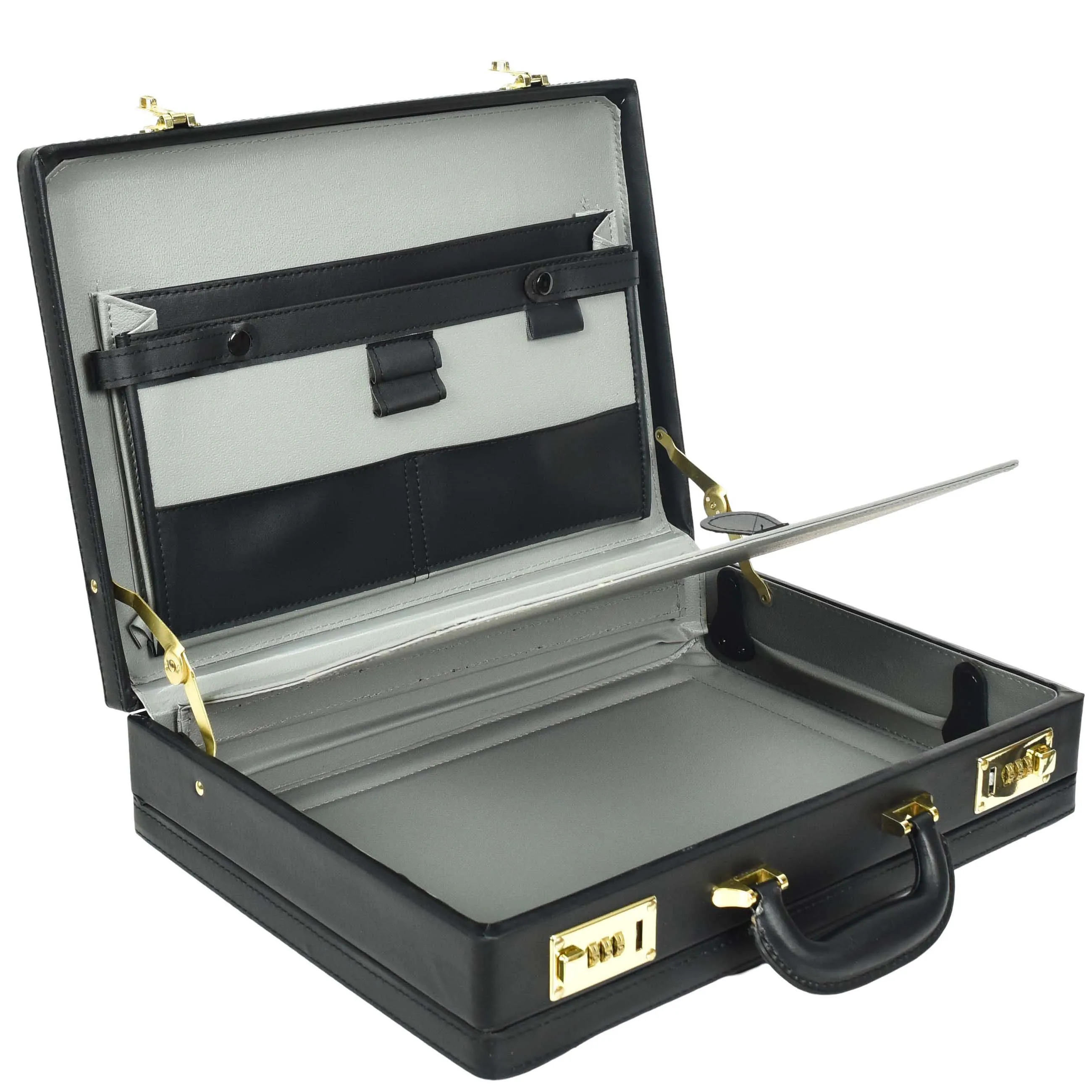 Classic Attache Case Faux Leather Dual Lock Briefcase Business Bag Diplomat Black