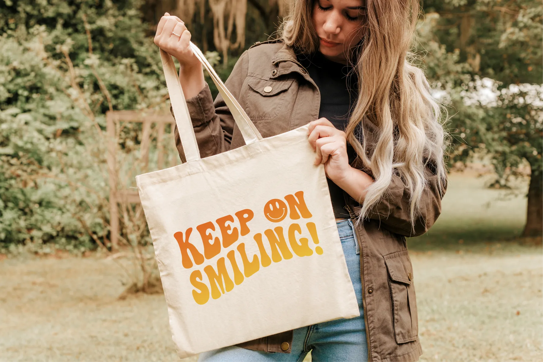 Keep on Smiling Red-Orange Gradient Canvas Tote Bag